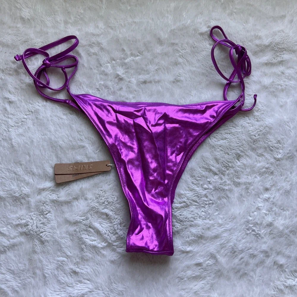 SKIMS Metallic Swim Tie Bikini Bottom Dragon Fruit Purple BB-TNG-2804 Womens 2X